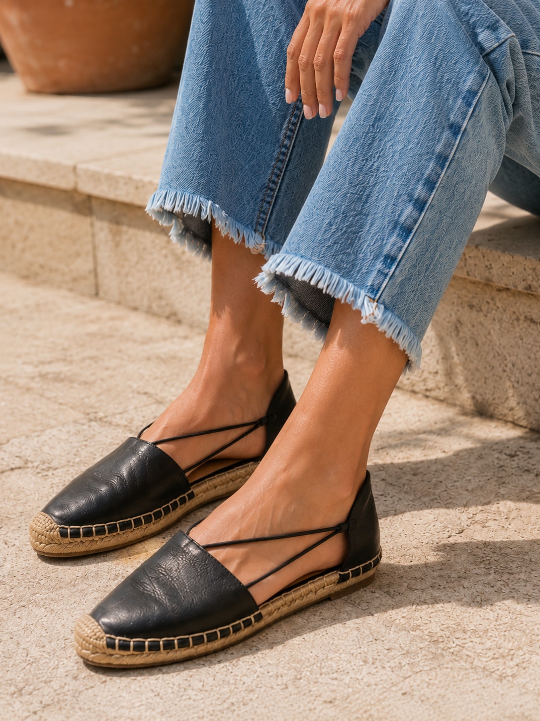 Eileen Fisher Lee Black Leather Espadrille Flats Size 8.5
